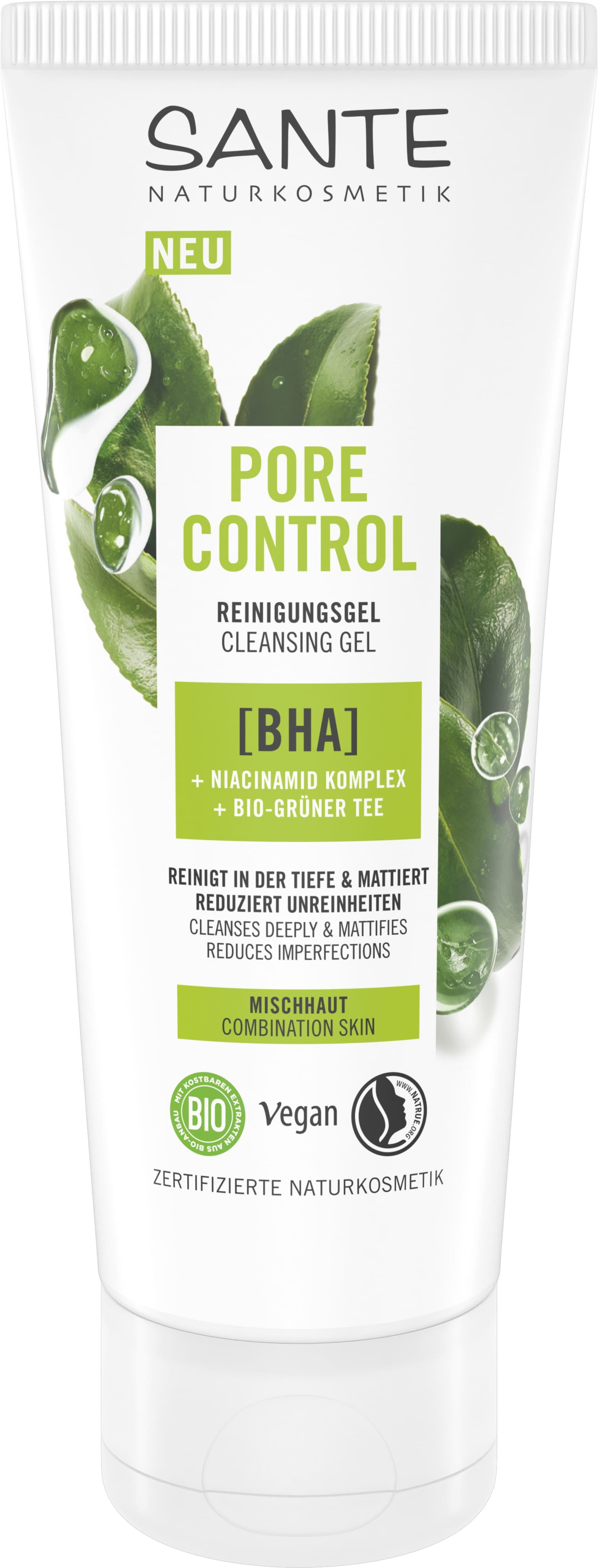 Pore Control Naturkosmetik Reinigungsgel Komplex & | mit Tee Niacinamid SANTE BHA, Bio-Grüner